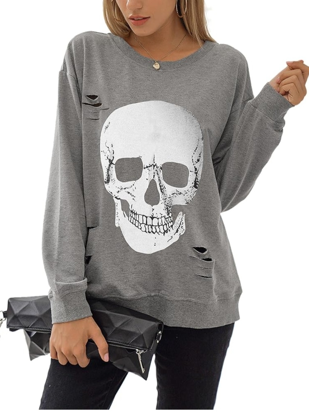 Women's Gray Skull Graphic Pullover Sweatshirt Size XXXL
